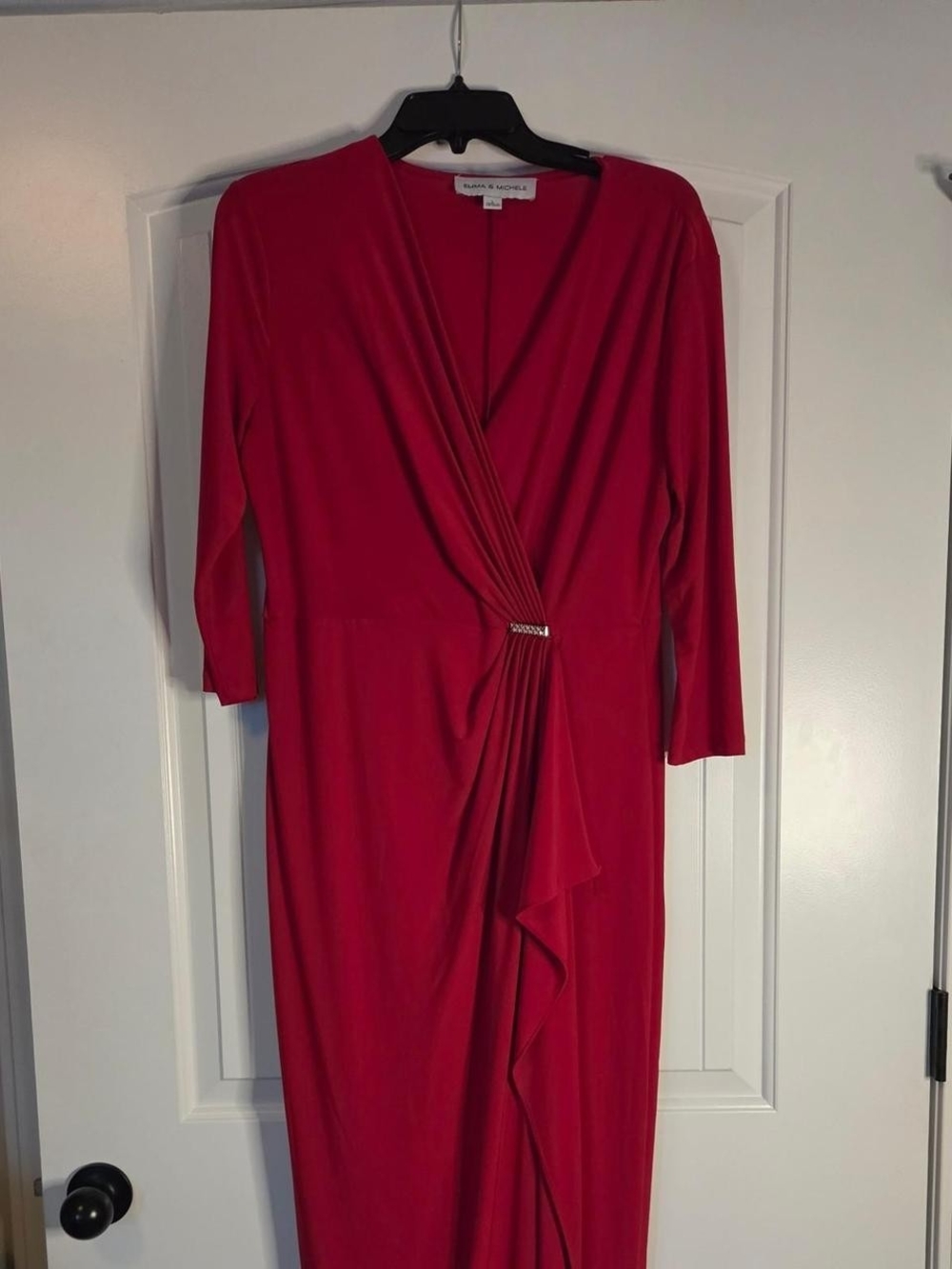 Emma & Michele Red Faux-Wrap Long Sleeve Midi Dress